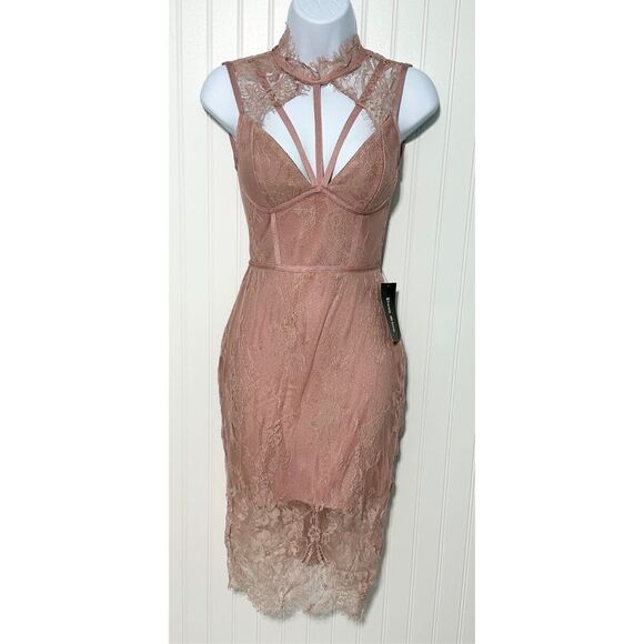 PoshShop Dresses & Skirts - PoshShop Sheer Lace Sleeveless Sheath Dress Caged‎ Neck Blush Pink Extra Small